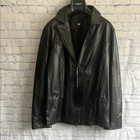 Italian Black Leather Zip Up Jacket Made by CURGÈ size‎ Women’s XL EU 50 NWT W2 - Picture 1 of 8